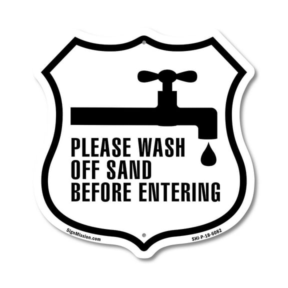 Please Wash Off Sand Before Entering 12 inch X 12 inch Shield-Shaped Rust-Free Aluminum Metal Sign Weather Resistant Made in the USA