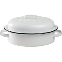 Enameled Roasting Pan with Lid, Covered Roaster Pan Oval Pot Enamelware Cookware, 15.5 Inch, Vintage Farmhouse White