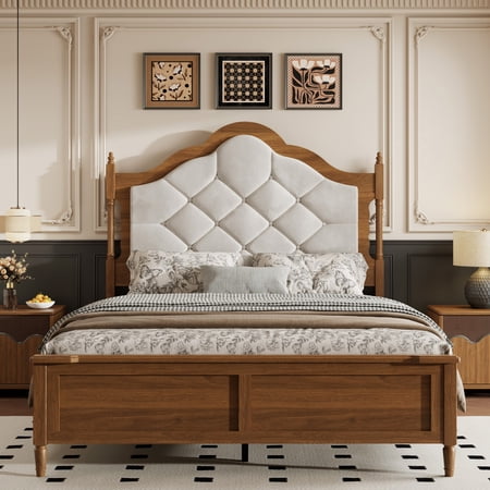 Miniyam Queen Size Farmhouse Upholstered Platform Bed Frame with Diamond Tufted Headboard Brown Wood Finish