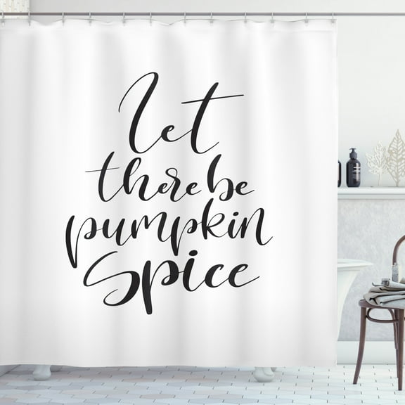 Pumpkin Spice Shower Curtain, Seasonal Motivation Words Cursive Typography on Plain Background, Fabric Bathroom Set with Hooks, 69W X 84L Inches Extra Long, Charcoal Grey and White, by Ambesonne