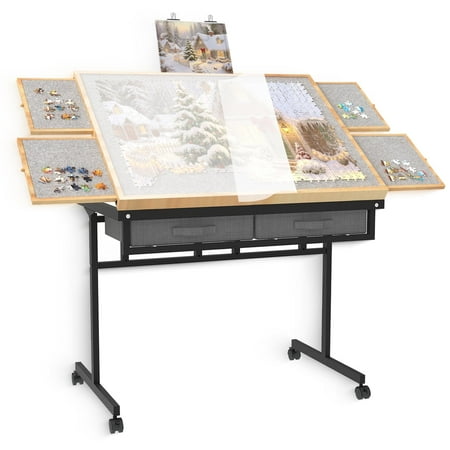 Jigsaw Puzzle Table 1500 Pieces with Drawer and Legs, Five Tilt Angle Adjustable, Portable Puzzle Table for Adults with Protective Cover, Natural Wood