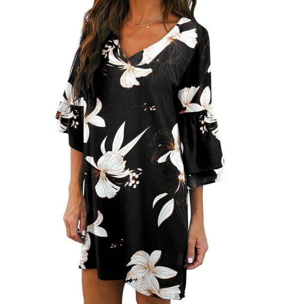 ICHUANYI Liquidación Vestido casual para mujer Vestido de manga acampanada estampado con cuello en V dulce y lindo ICHUANYI WER202308245809
