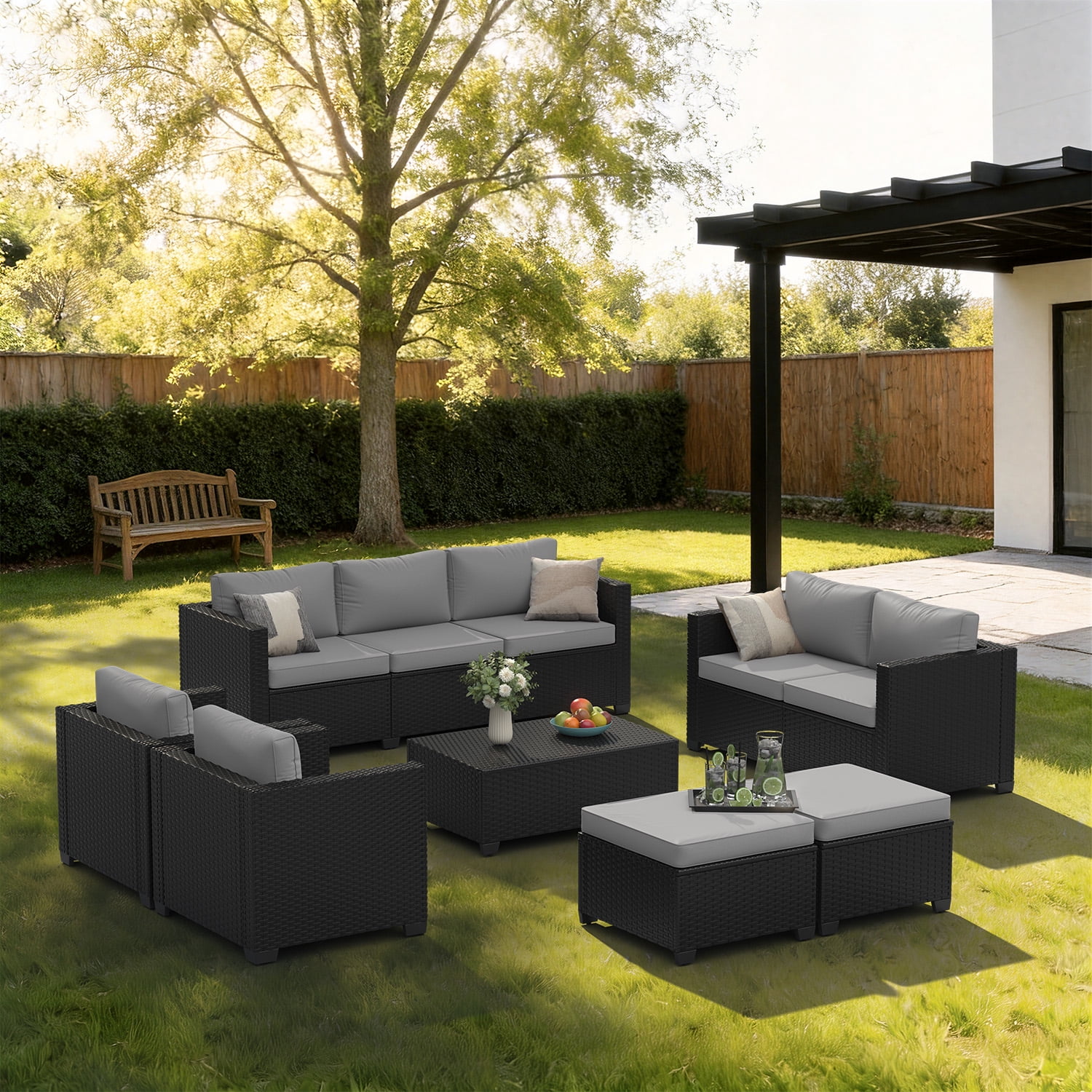 BaPiPro 7-Piece Gray PE Rattan Outdoor Sectional Sofa Set, Patio Furniture with Storage Table, Convertible Ottomans & Weather Resistant Cushions for Backyard & Poolside