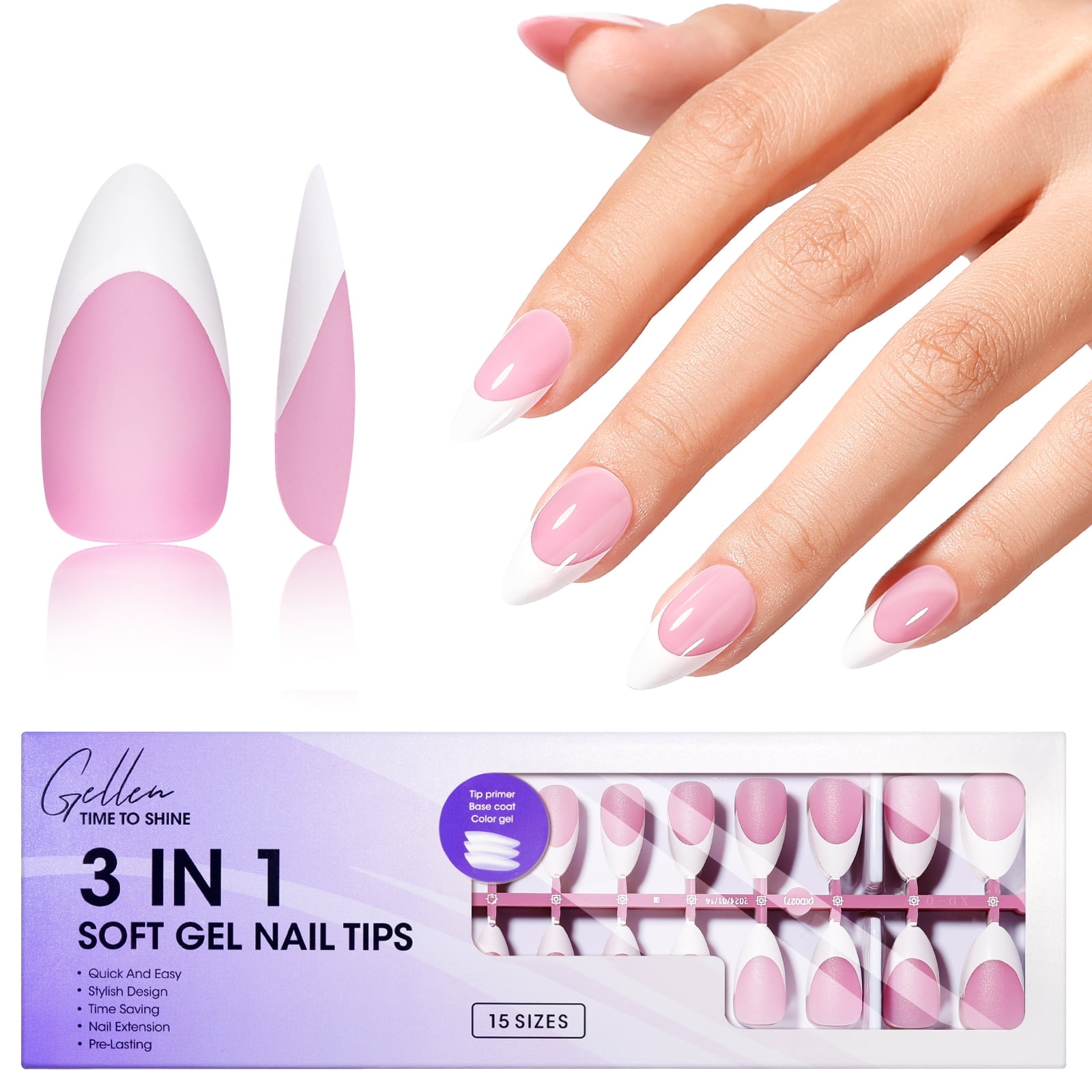 Gellen French Tips Press on Nails - 150 Pcs Pink Almond Salon Acrylic Press on Nails Soft Gel Nail Tips 15 Sizes Fake Nails 3 in 1 Pre-french French Tips Full Cover Tips for Nail Art