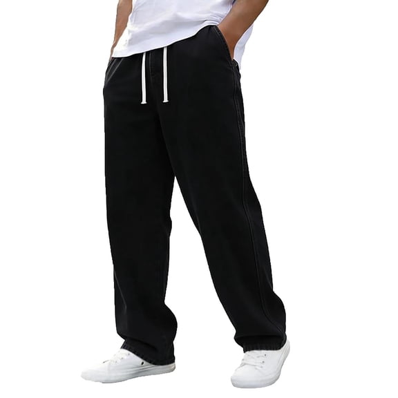 Baggy Jeans for Men Straight Wide Leg Drawstring Elastic Waist Denim Pants Casual Y2K Streetwear Vintage Hip Hop