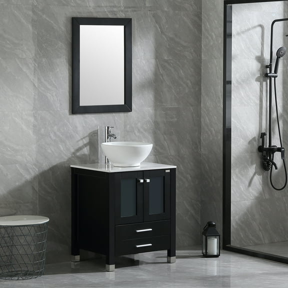 Wonline 24" Black Bathroom Vanity Cabinet Solid Wood Modern Design Mirror