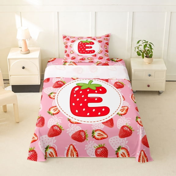Feelyou Cartoon Fruit Alphabet E Twin Sheets for Girls, Girly Pink Strawberry Monogram Bedding, 3-Piece, 1 Flat Sheet, 1 Fitted Sheet and 1 Pillowcase