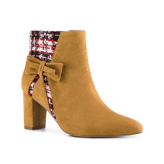 BLISSFUL STEP Women's Pointed Toe Plaid Block Heels Ankle Boots Brown 7