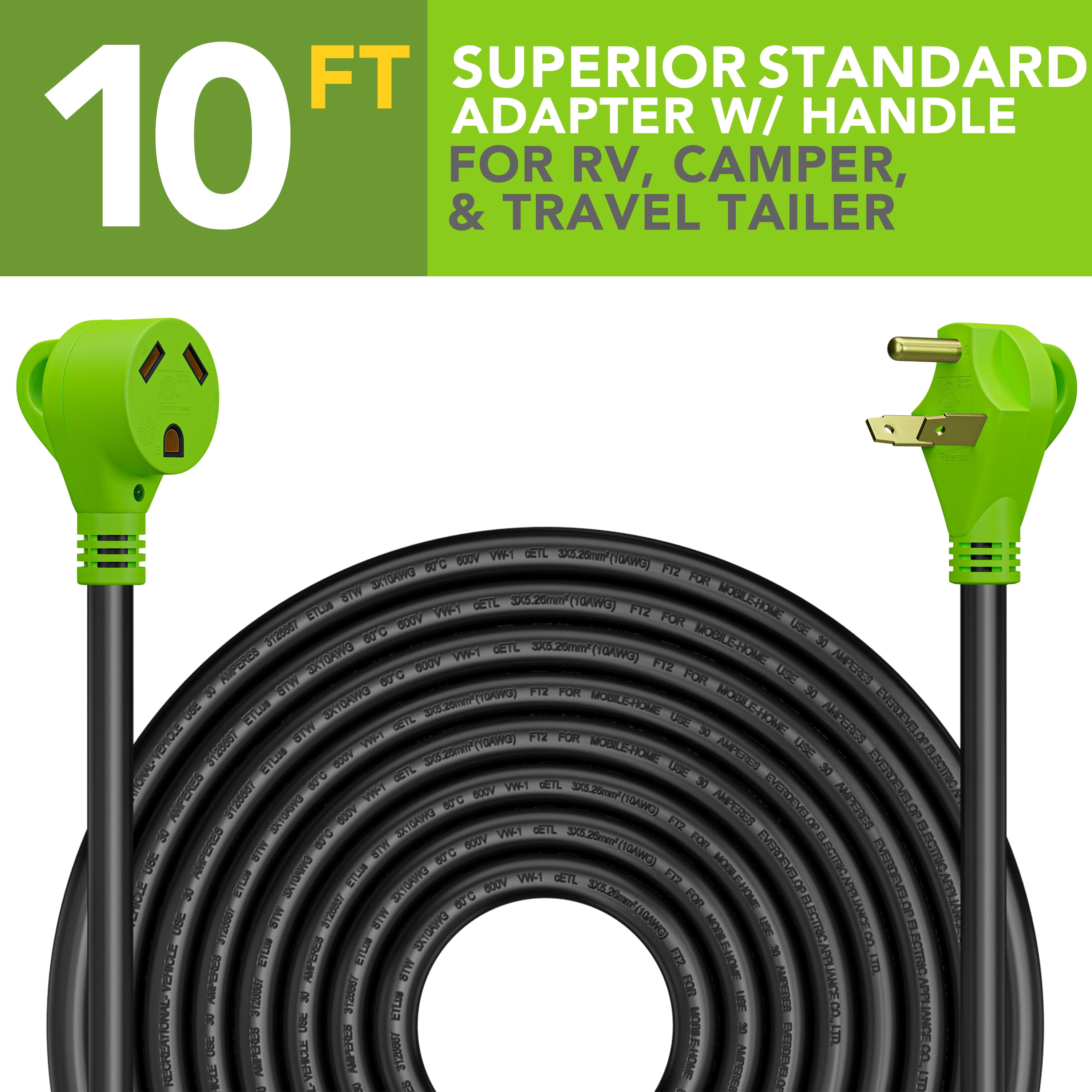 Leisure Cords 10 Ft 30 amp RV Power Extension Cord with LED Power indictor - 30 Amp Male to 30 Amp Female Standard Plug (30 Amp - 10 Foot)
