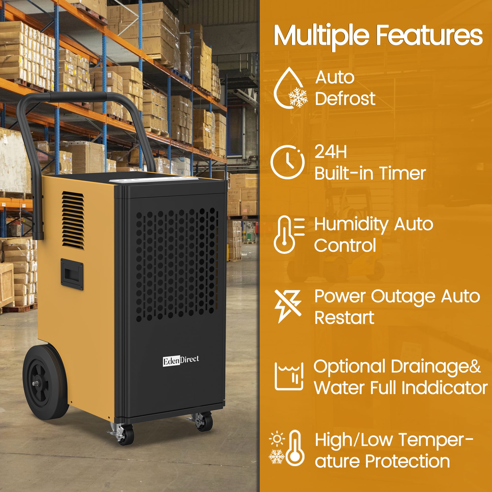 142pt. 5,000 sq. ft. Buckless Commercial Dehumidifier, with Drain Hose, Pump for Basement in Yellow