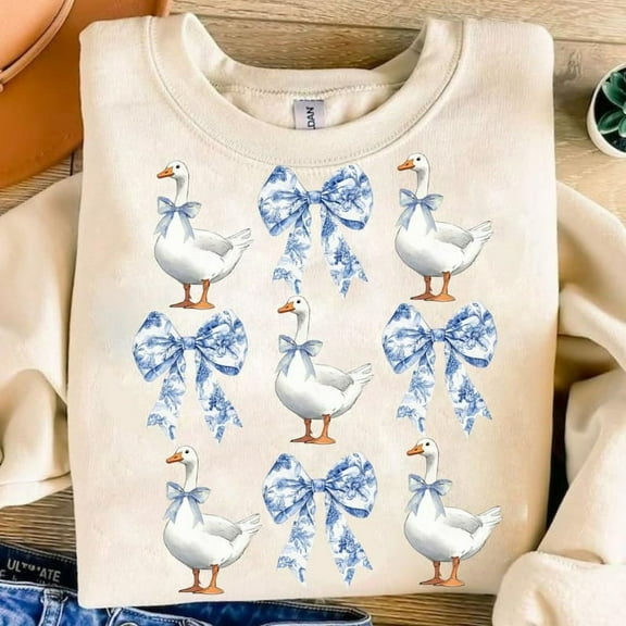 Coquette Goose Sweatshirt, Goose Lover Shirt, Blue Toile Coquette Sweatshirt, Vintage Goose Girly Shirt, Grand Millennial Mom Goose Sweatshirt