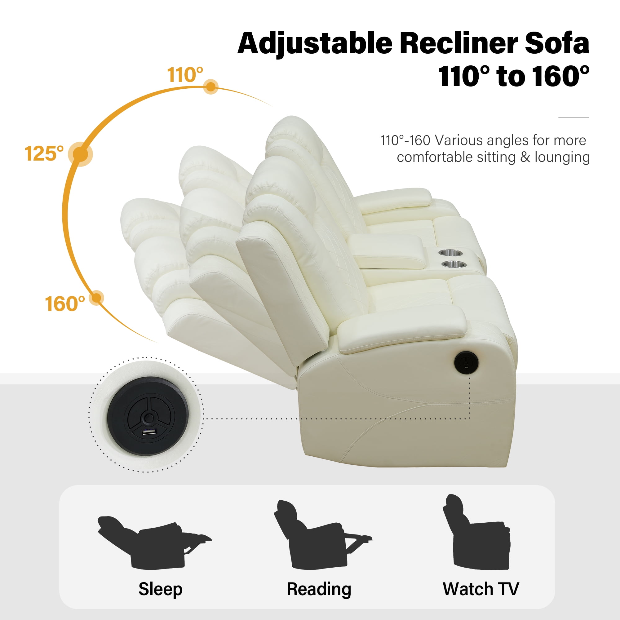 Aukfa 2-Seater Power Recliner Sofa with Cup Holders, USB Charging & Hidden Storage, Modern Electric Loveseat for Living Room Home Theater,White