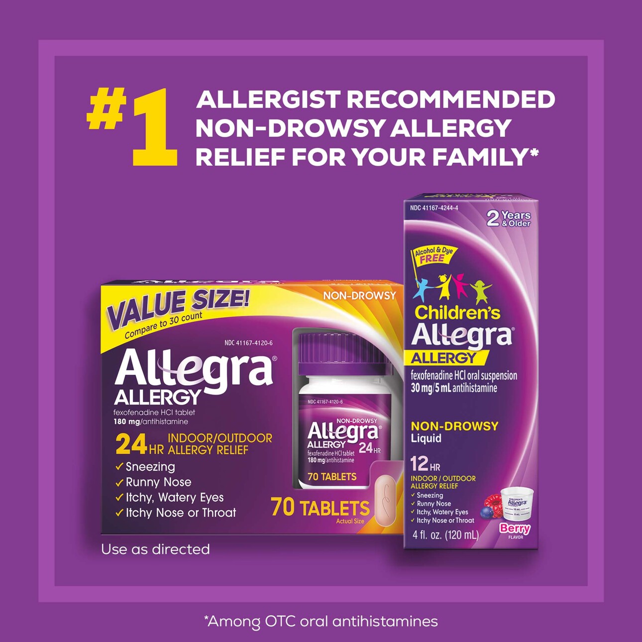 Allegra 24 Hour Non-Drowsy Antihistamine Medicine Tablets for Adult Allergy Relief, Fexofenadine, 180 mg, 70 Pills - image 4 of 6