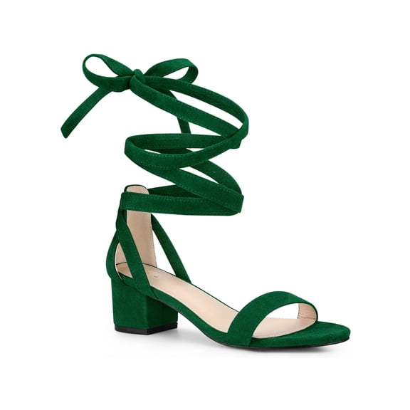 BLISSFUL STEP Strappy Heels Open Toe Block Heel Lace Up Sandals for Women Royal Green 6.5