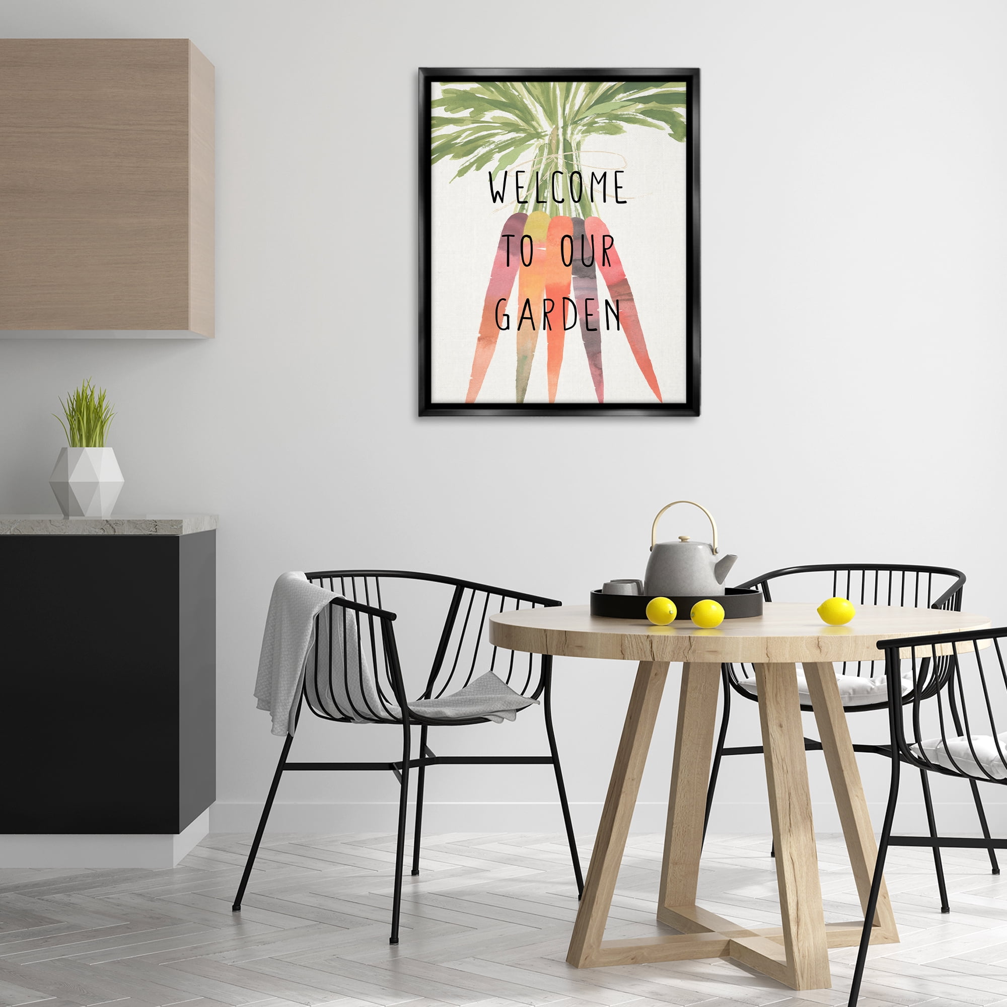 Stupell Industries Welcome Garden with Carrots Food & Beverage Painting Black Floater Framed Canvas Art Print Wall Art, 25 x 31