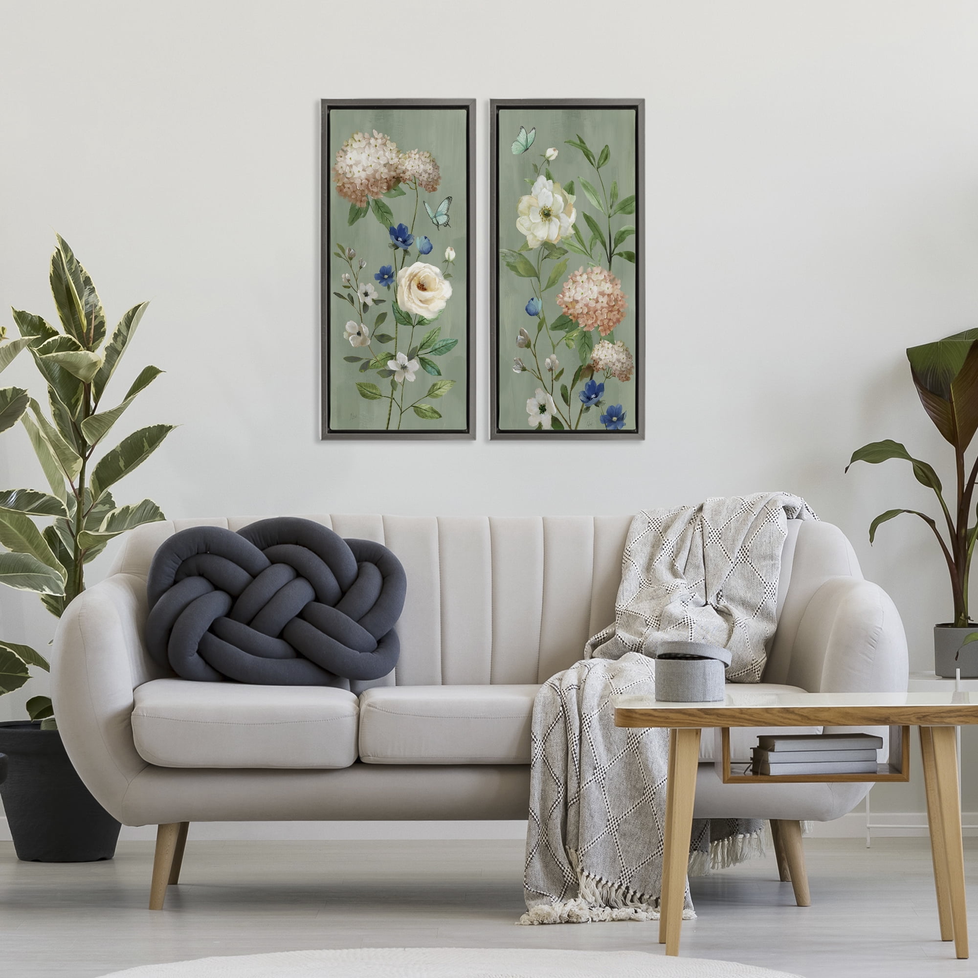 Stupell Industries Mint Hydrangeas & Roses 2 Piece Gray Framed Floater Canvas Set, design by Nan