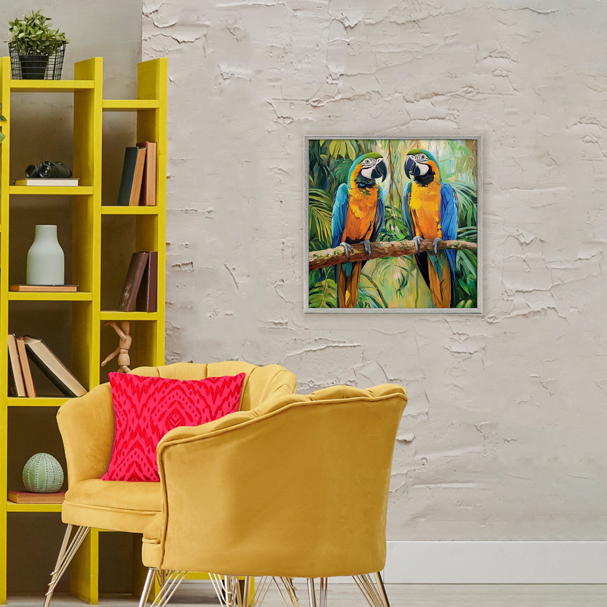 Stupell Industries Two Macaws Among Foliage Gray Framed Giclee Art, design by Petal Prints Design