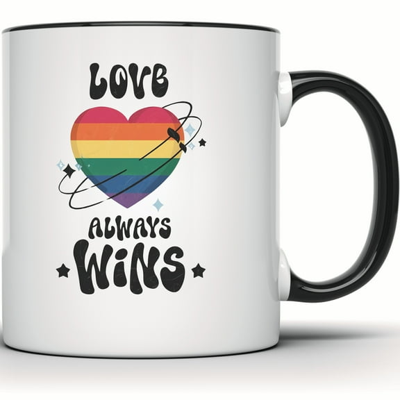Love Always Wins Mug - LGBTQ Pride Rainbow Heart, Equality Gift for Gay, LGBT Mug, Love Wins, Gay Pride Mug - 11 Ounce Black Rim Handle Novelty Coffee Cup - WMUG1993-BLK