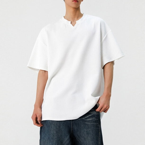 pstuiky camisetas camisas para hombre, Camisa informal de manga corta con cuello en V y textura vertical de color liso para hombre ropa de hombre m