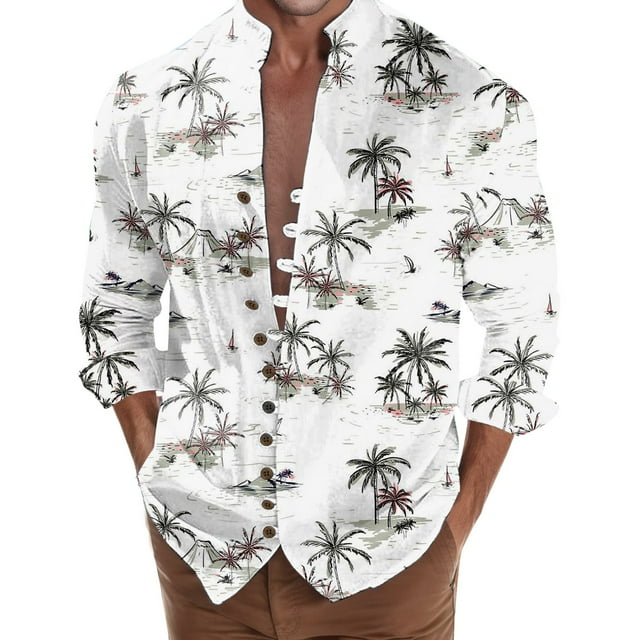 Camisas Y Playeras Camisa de manga larga con estampado 3D digital y cuello con botones sueltos para ocio en la playa para hombre (White, XXL)