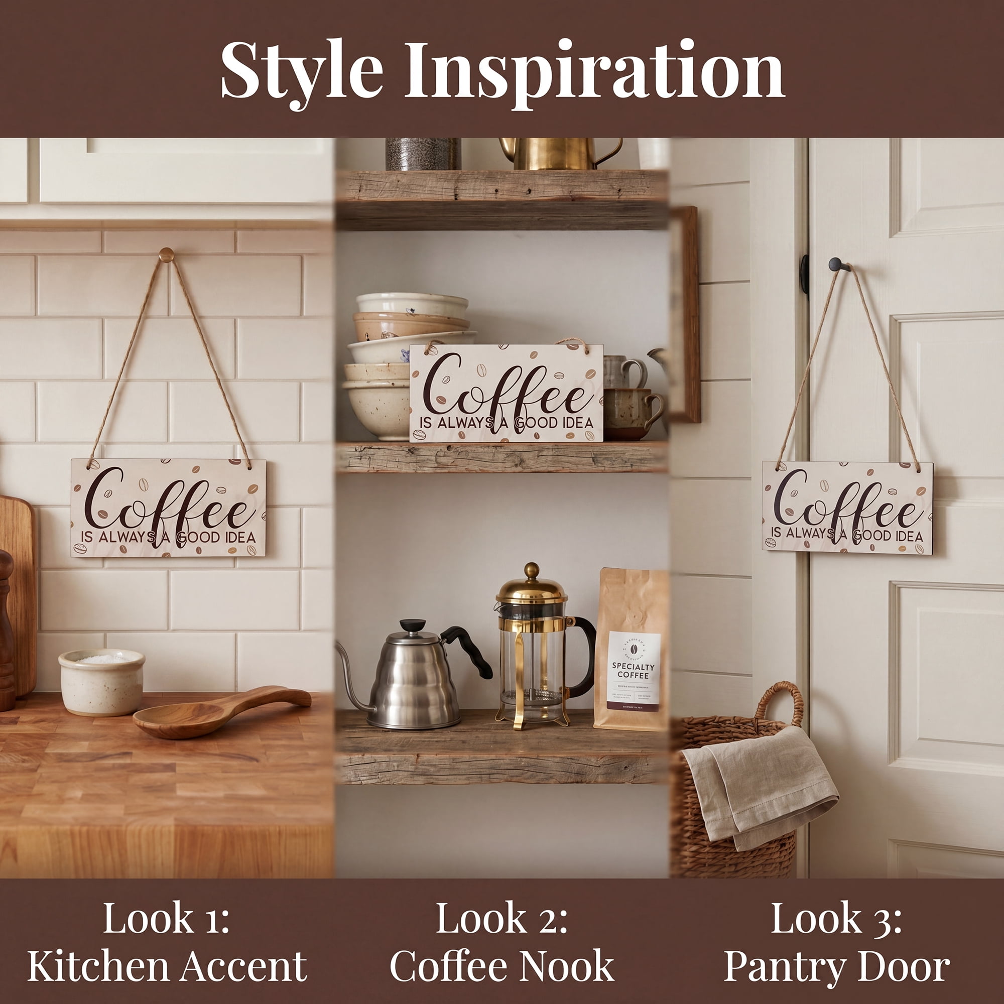 Unique Bargains Coffee Bar Sign Station Decor Rustic Wood Hanging Plaque Style C 3.9in