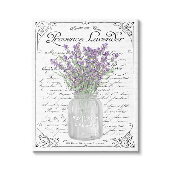 Stupell Industries Lavender Sprigs Bouquet Ornate French Script Motif Graphic Art Gallery Wrapped Canvas Print Wall Art, Design by Lettered and Lined
