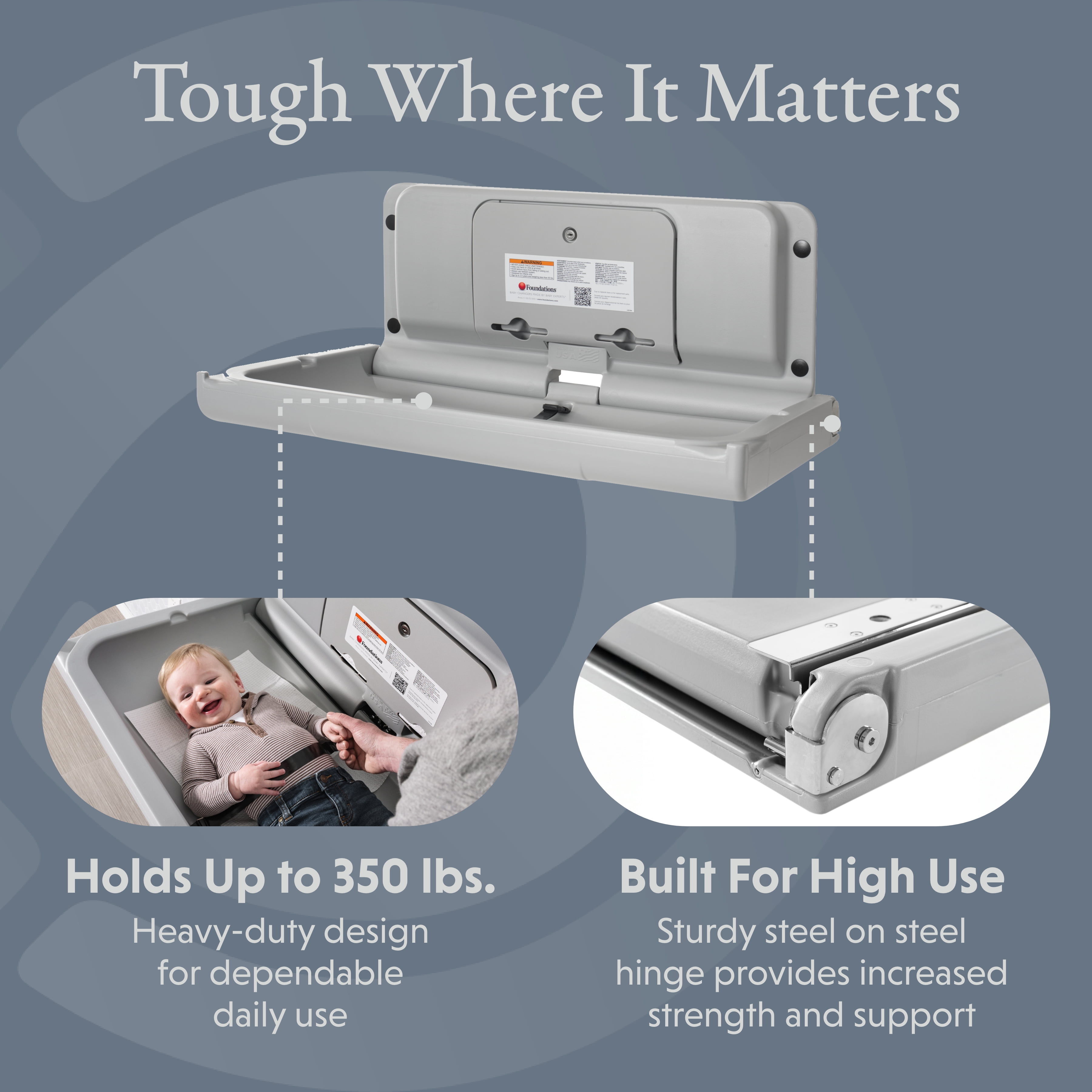 Foundations Ultra Horizontal Baby Changing Station, EZ Mount Backer Plate Included, Gray (200-EH-01)