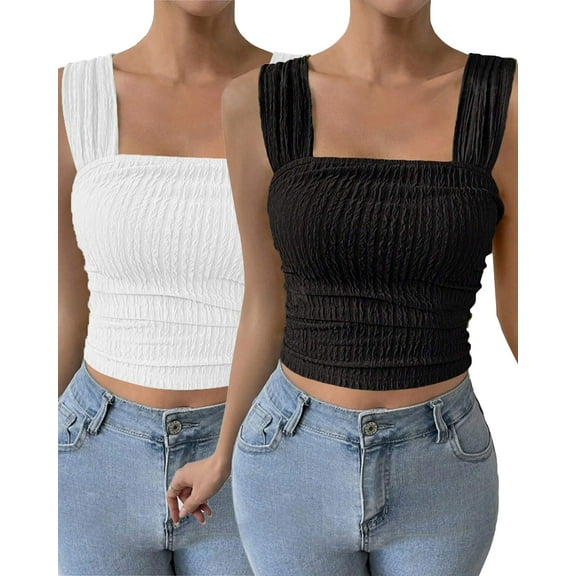 IWEMEK Women Tank Tops Pack of 2 Black Square Neck Summer Sleeveless Crop Tops Going Out Basic Solid White Fitting Shirt