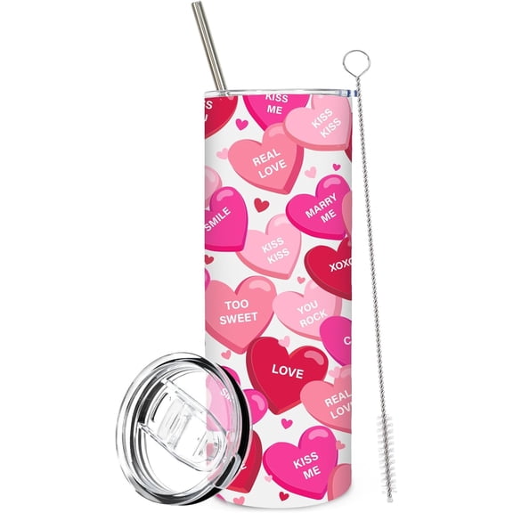 Valentine''s Day Tumbler with Lid Straw Stainless Steel Cup Pink Red Conversation Heart Tumbler Cup for Wedding Anniversary Romantic Supplies