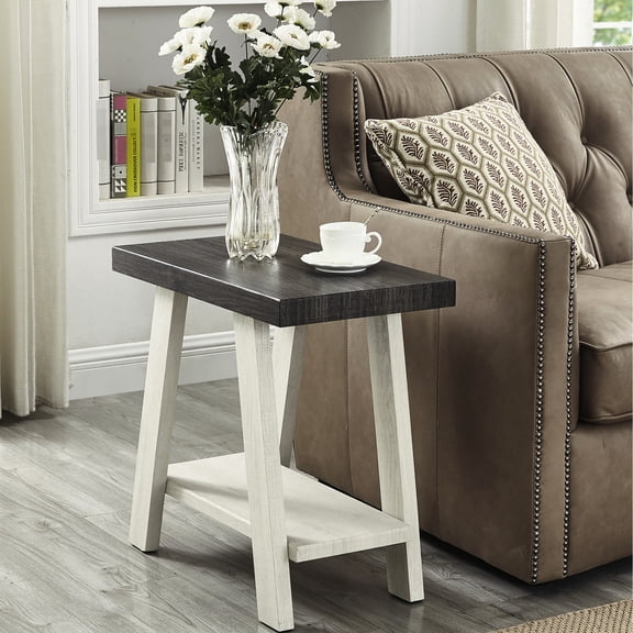 Beige And Charcoal Wood Side Table With Under Shelf Storage - Contemporary Rectangular Top