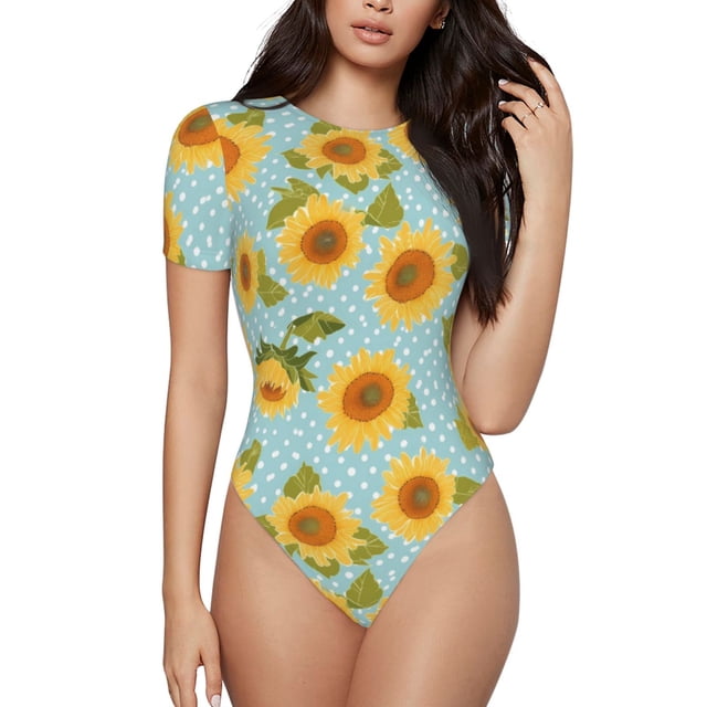Balery White Polka Dot Sunflower A Body de cuello redondo de manga corta para mujer Tops de manga corta Tops básicos-Medium