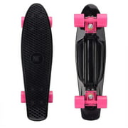 Penny Board, 22" Mini Skateboard Plastic Cruiser Board with All-in-One Skate T-Tool (Black-Pink)