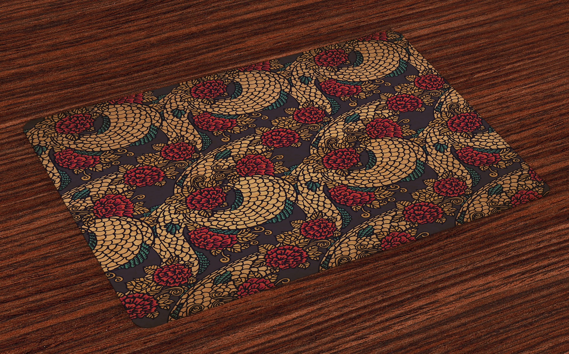 Asian Placemats Set of 4 Traditional Ancient Design Roses and Dragon