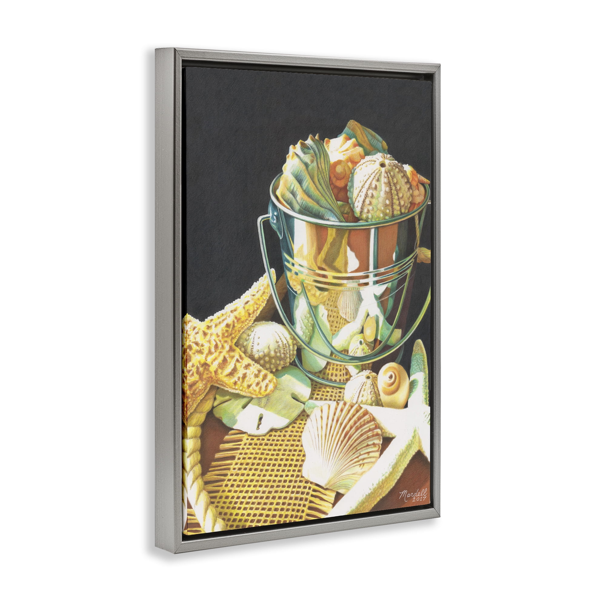 Stupell Industries Bucket Of Seashells Coastal Painting Gray Floater Framed Art Print Wall Art, 17 x 25