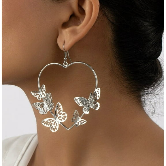 Pierced 3 1/2" large silver heart and butterfly dangle earrings