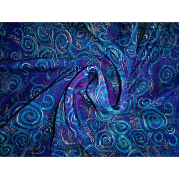 Pure silk crepe printed fabric royal blue see green color 16 mm weight [7999]