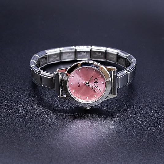 Vintage Watch Pink Dial Charm Bracelet Quartz Dainty Stretch Gift for Grandma Vintage Watch Pink Dial Charm Bracelet Quartz Dainty Stretch  main image 3