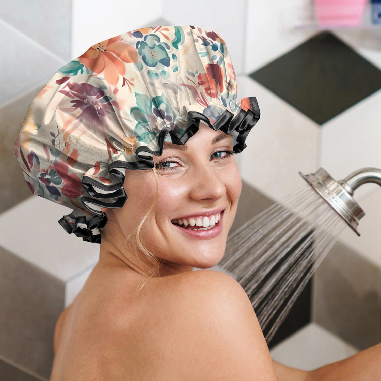 Shower Caps,Pioneer Flower Floral Print Pattern Waterproof Shower Cap for Women 4 Pieces,Double Reusable Hair Cover for Shower PEVA Elastic Stretch Hem