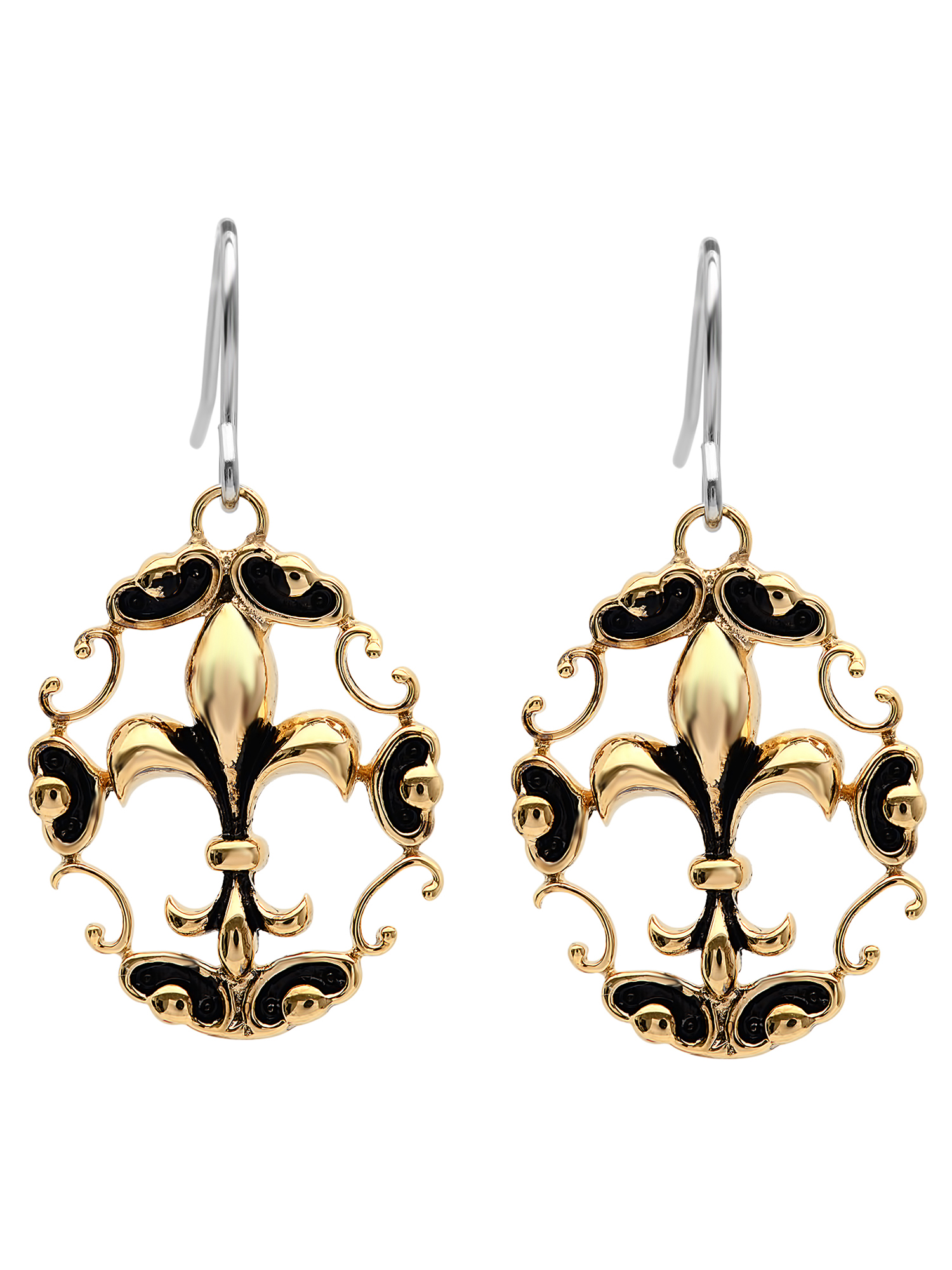 Womens Two-Tone Stainless Steel Antiqued Fleur-de-lis Dangle Earrings