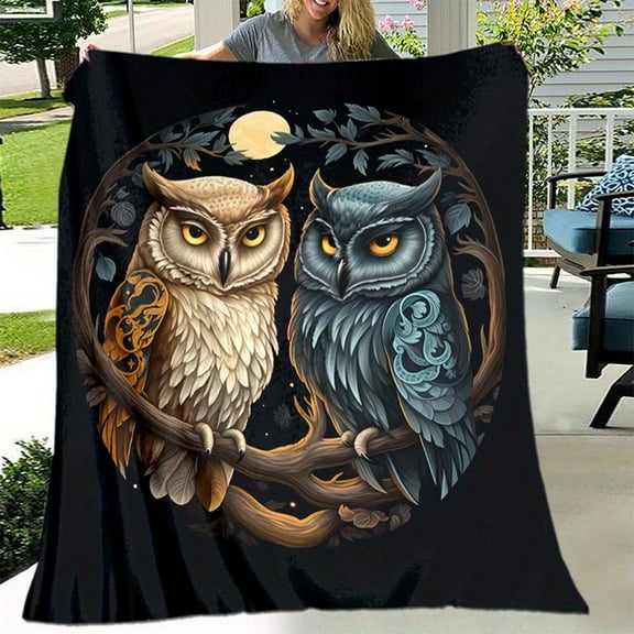 Comfortable Owl Moonlight Pattern Flannel Blanket Soft Warm Blanket Nap Blanket Sofa Office Bed Camping Travel Multi-Purpose Car Holiday Gift Blanket