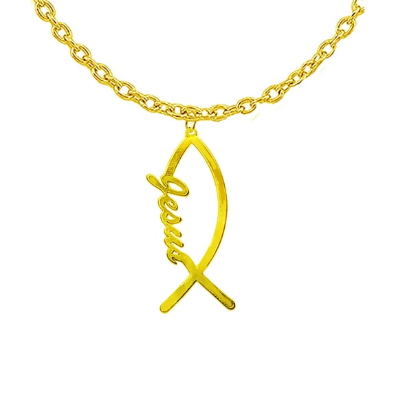 Christian Fish Symbol With Jesus On The Side On A Beautiful 14KT Goldtone Cable Chain Adjustable Necklace. What A Great Gift For Yourself, Family, Or A Friend. Hypoallergenic, No Nickel In The Metal