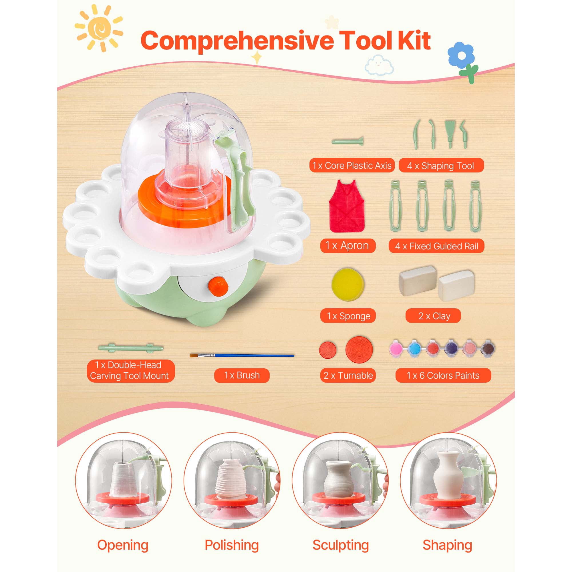 KFFKFF Mini Pottery Wheel with Adjustable Speed, 2 in and 3 in Turntables, Electric Clay Wheel for Beginners and Kids, Includes Clay Sculpting Tools, Ideal Gift for Boys and Girls, Green