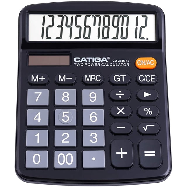 Calculadora escritorio 12 dígitos, pantalla LCD, botones sensibles, poder dual (solar/batería), funciones estándar, CD-2786 (negro)