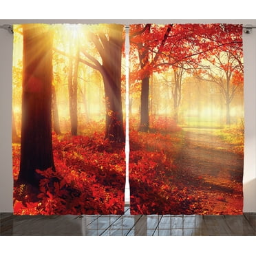 Ambesonne Fall Curtains 2 Panel Set, Misty Morning in Forest, 108" x 90", Yellow Red