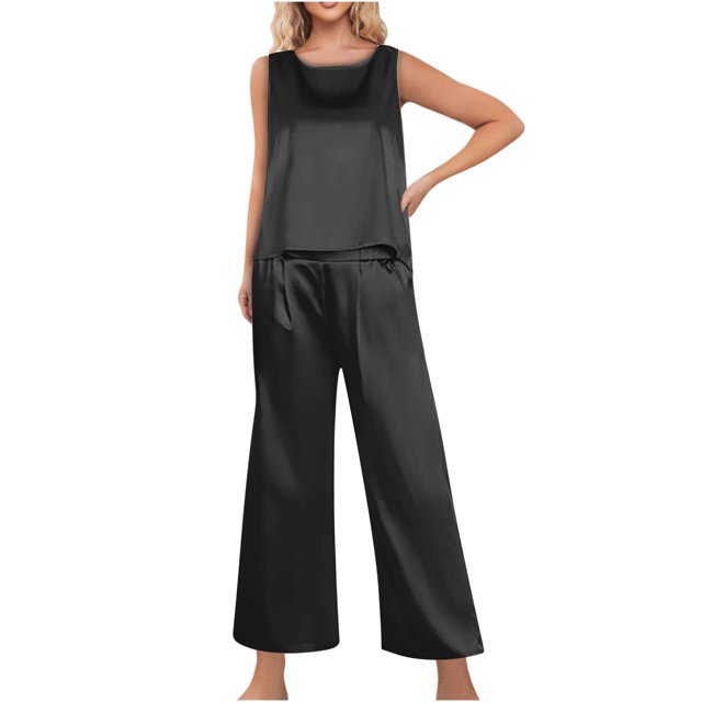 Bowake Pyjama en Satin de Soie pour Femmes Ensemble 2 Pcs Débardeur Sans Manches et Pantalon Grand Vêtements de Nuit d'Été Pjs