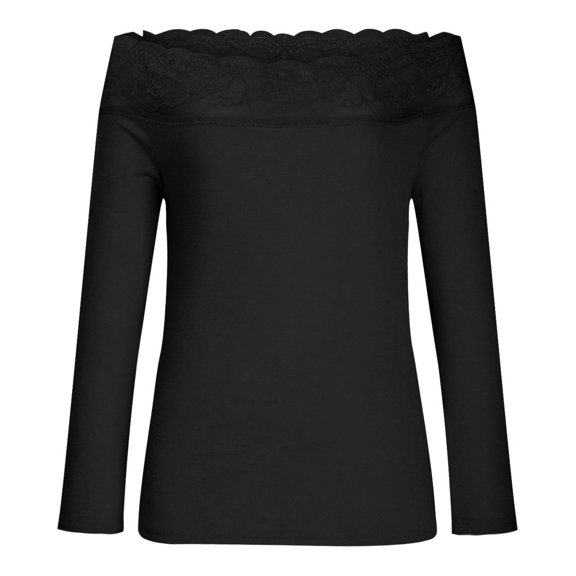 IROINNID Clearance Ladies Long Sleeve T Shirts Solid Color Shoulder Lace Stitching Slim Sexy Blouse,Black
