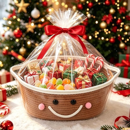 Dalxymotic Christmas Storage Basket Cotton Rope Woven Gift Basket with Santa Belt Decorative Candy Treat Container Christmas Decorations Indoor Outdoor for Home Tabletop Mantel