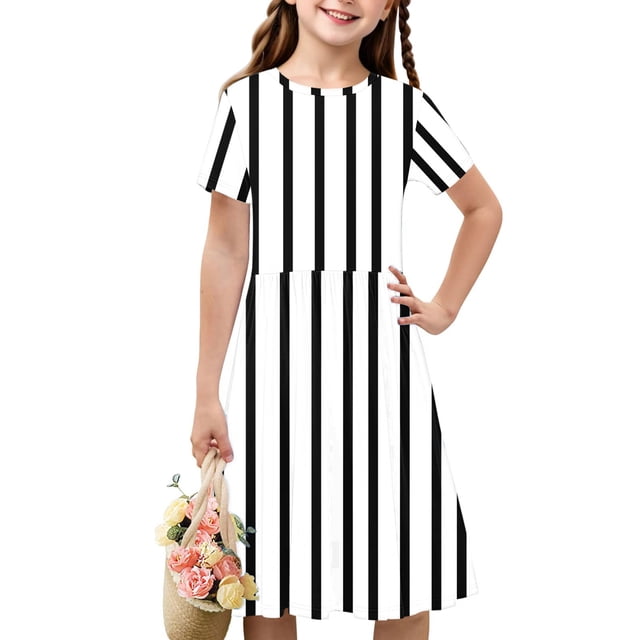 Geire Short Sleeve Girls Dress Striped Round Neck Short Sleeve Simple A-Line Dress for School Casual Holiday