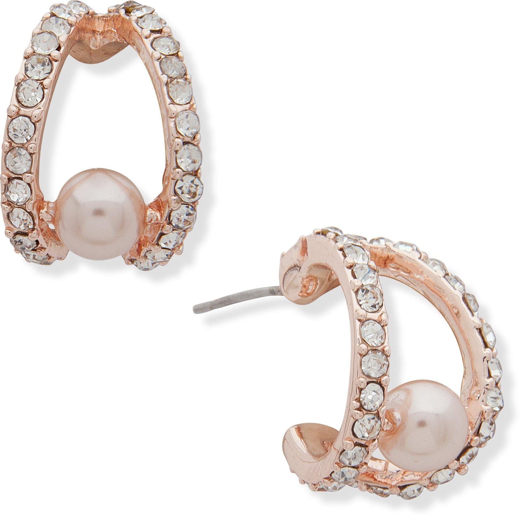You're Invited Women's Rose Gold Tone Pink Faux Pearl Hoop Earrings