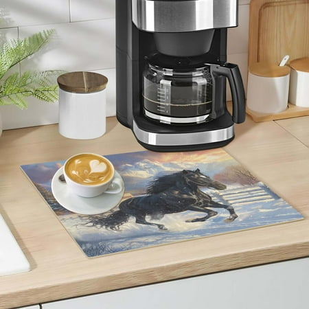 

Horse Galloping in Snow Dish Drying Mat 12 x18 Kitchen Counter Dish Pad Microfiber Absorbent Drainer Rack for Coffee Bar